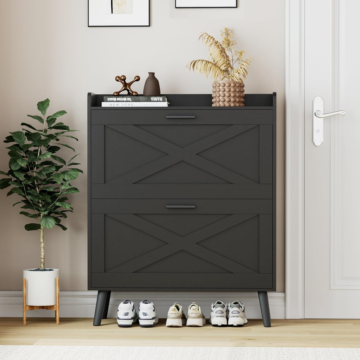 Black Farmhouse Shoe Cabinet with Flip Drawers