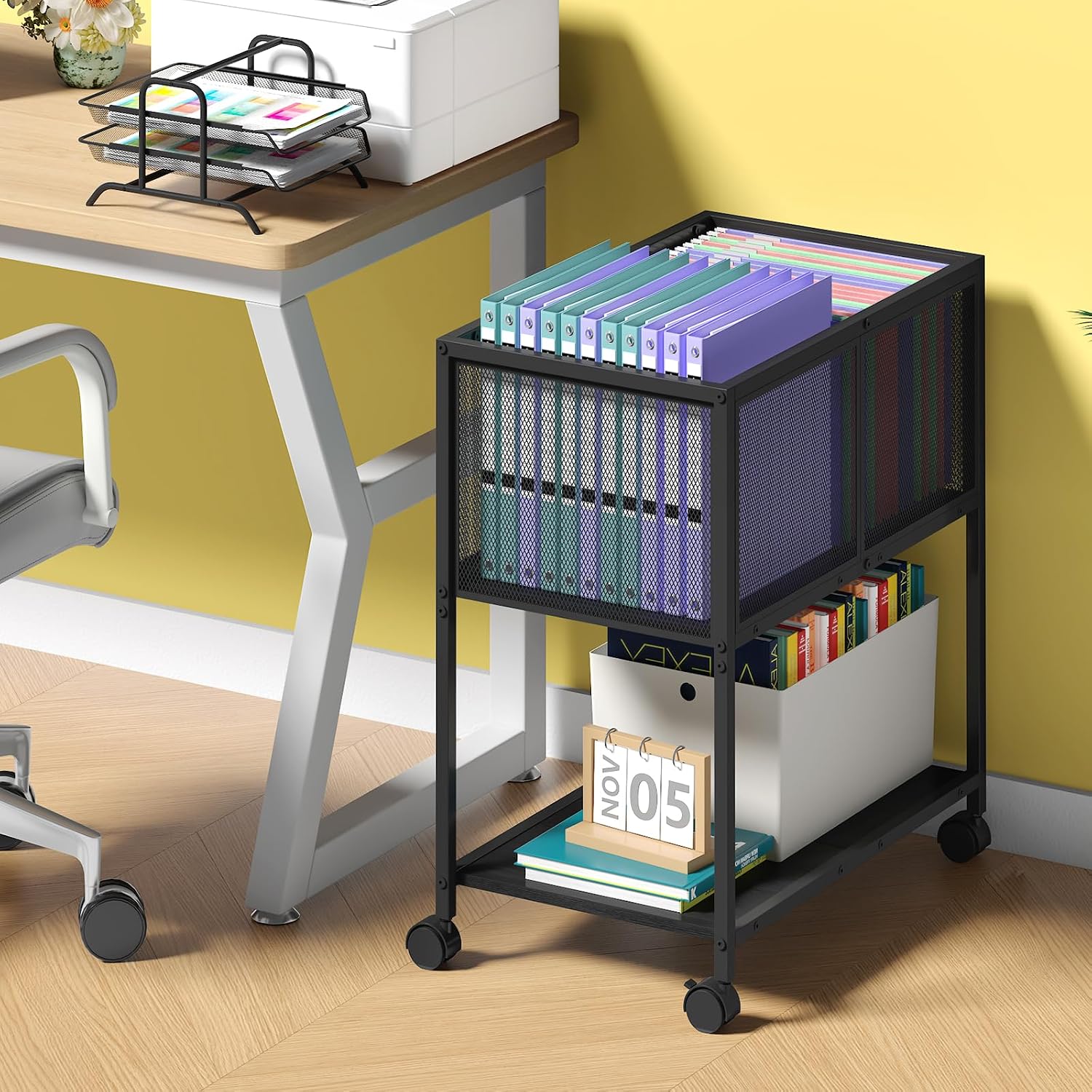 Black Rolling File Cart with Storage Shelf