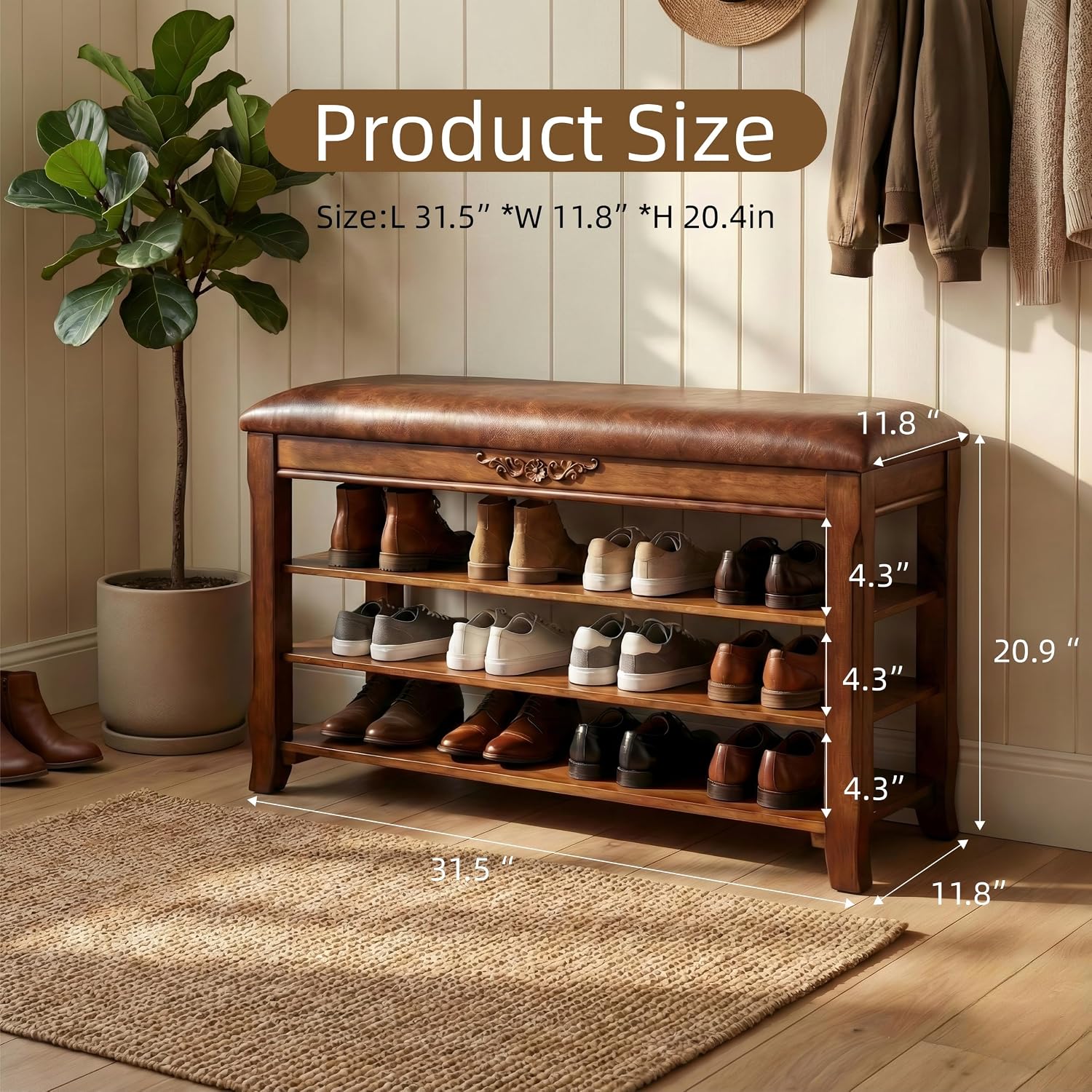 Brown Wood Shoe Bench with Leather Cushion