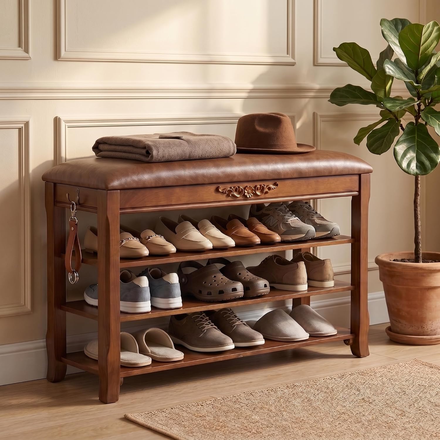 Brown Wood Shoe Bench with Leather Cushion