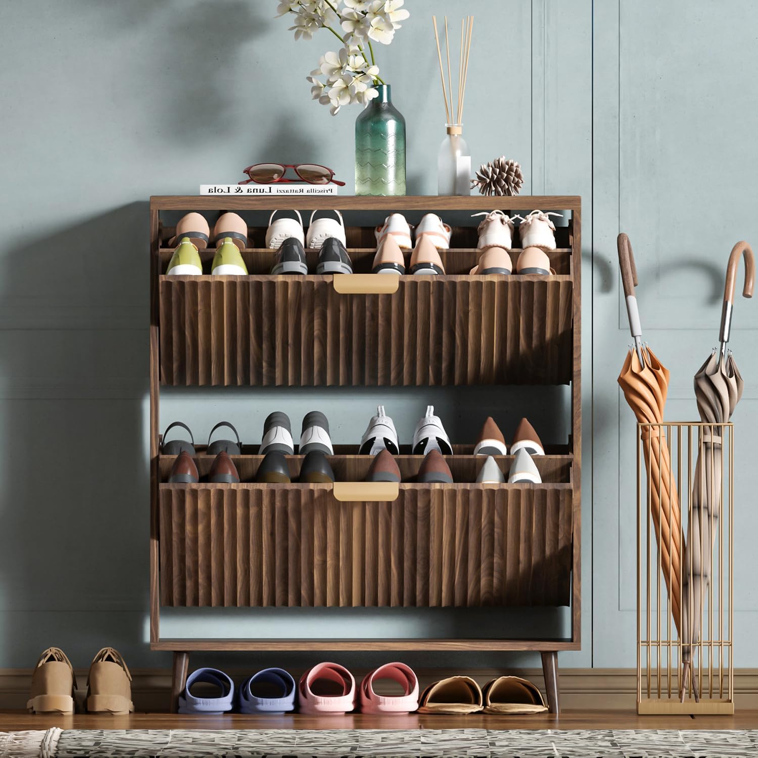 Narrow Walnut 2-Drawer Shoe Cabinet