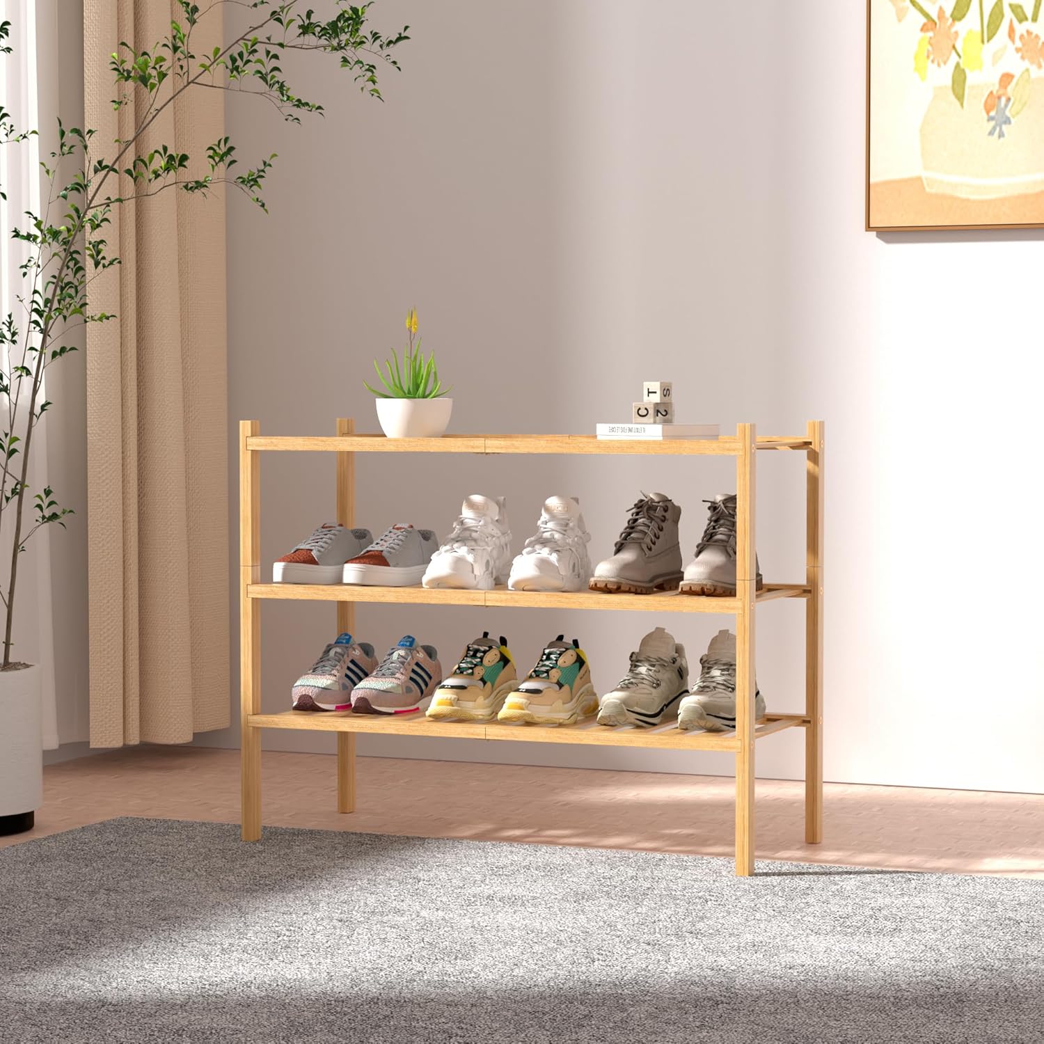 Natural Bamboo 3-Tier Shoe Rack