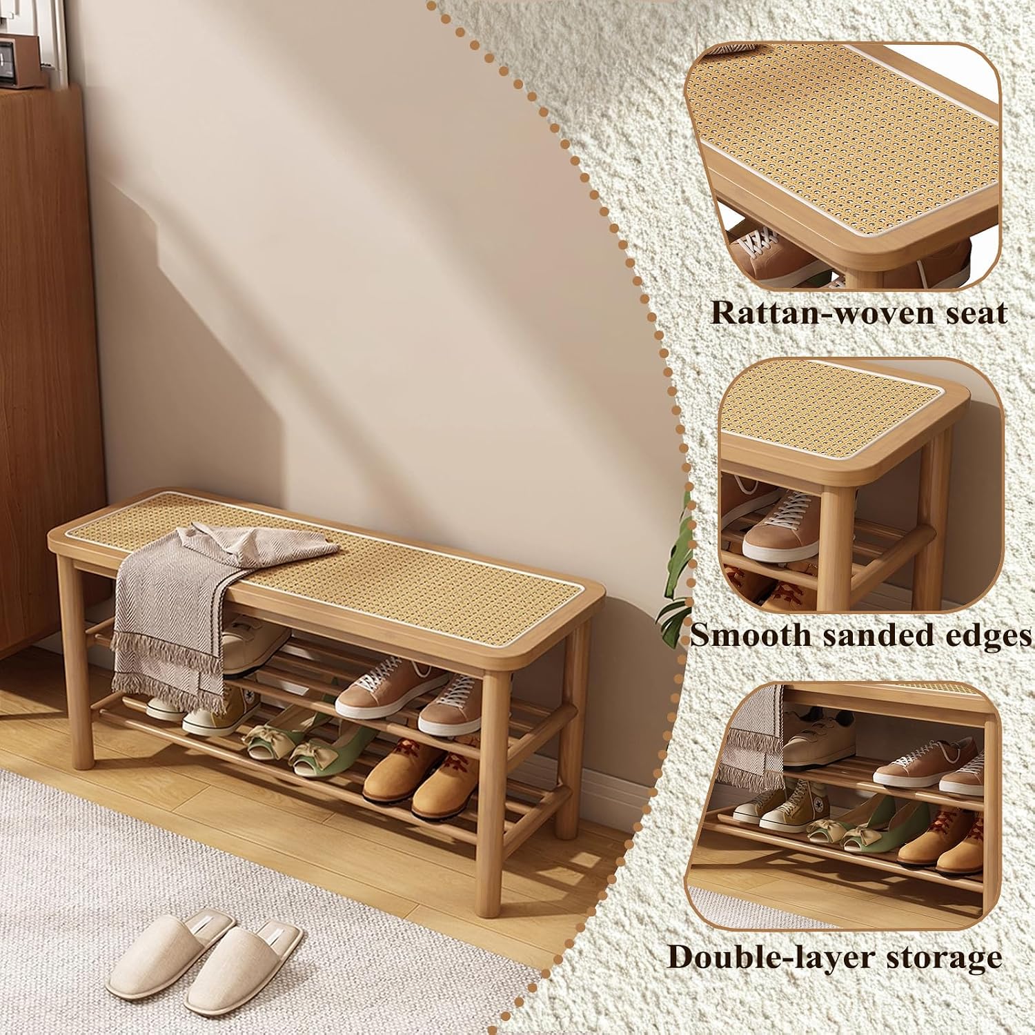 Natural Bamboo Rattan Shoe Bench