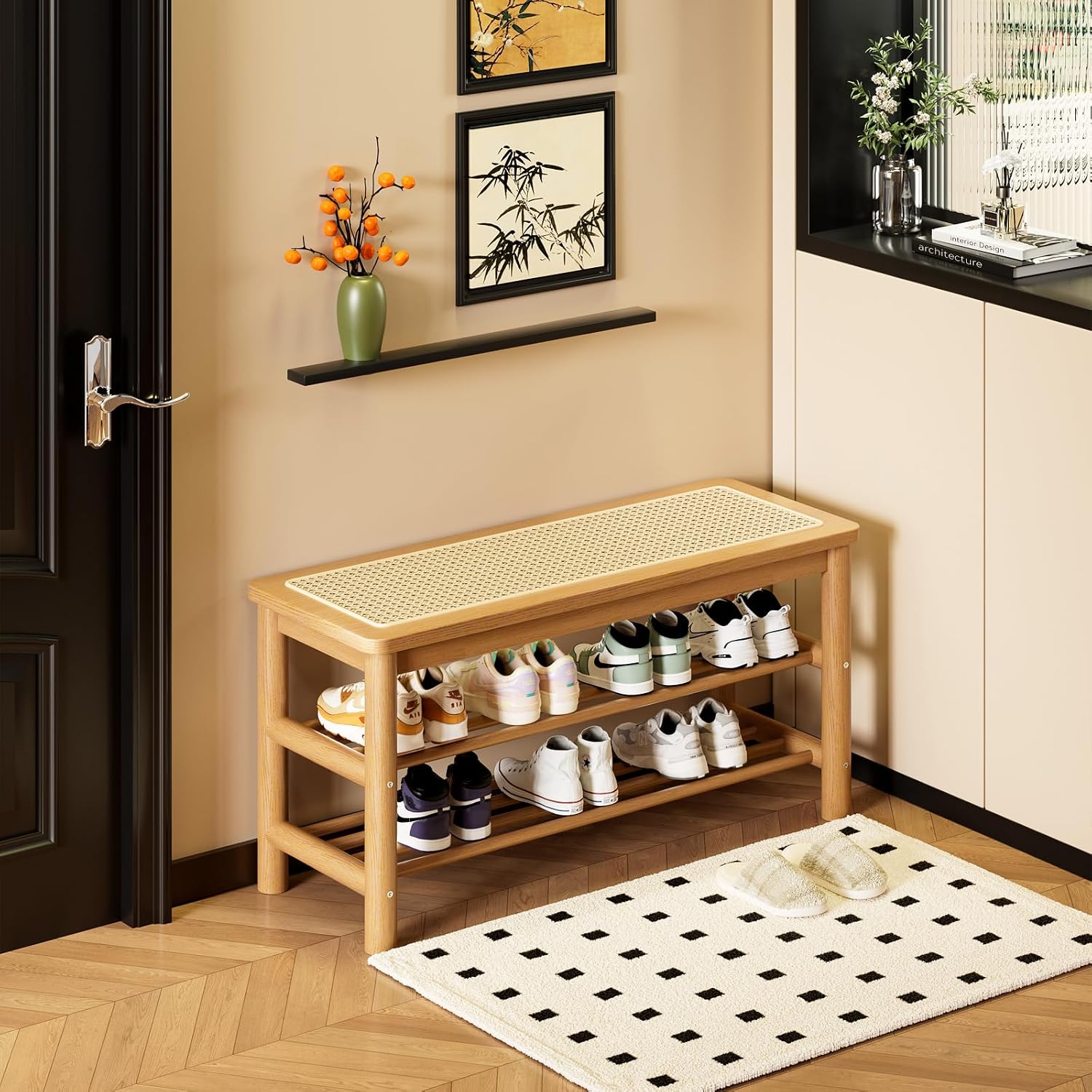 Natural Bamboo Rattan Shoe Bench