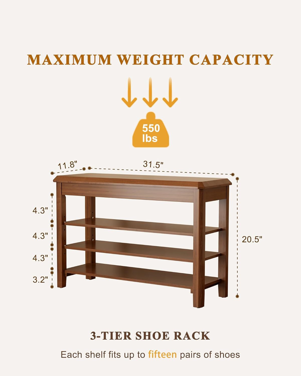 Rubberwood 3 Tier Shoe Bench