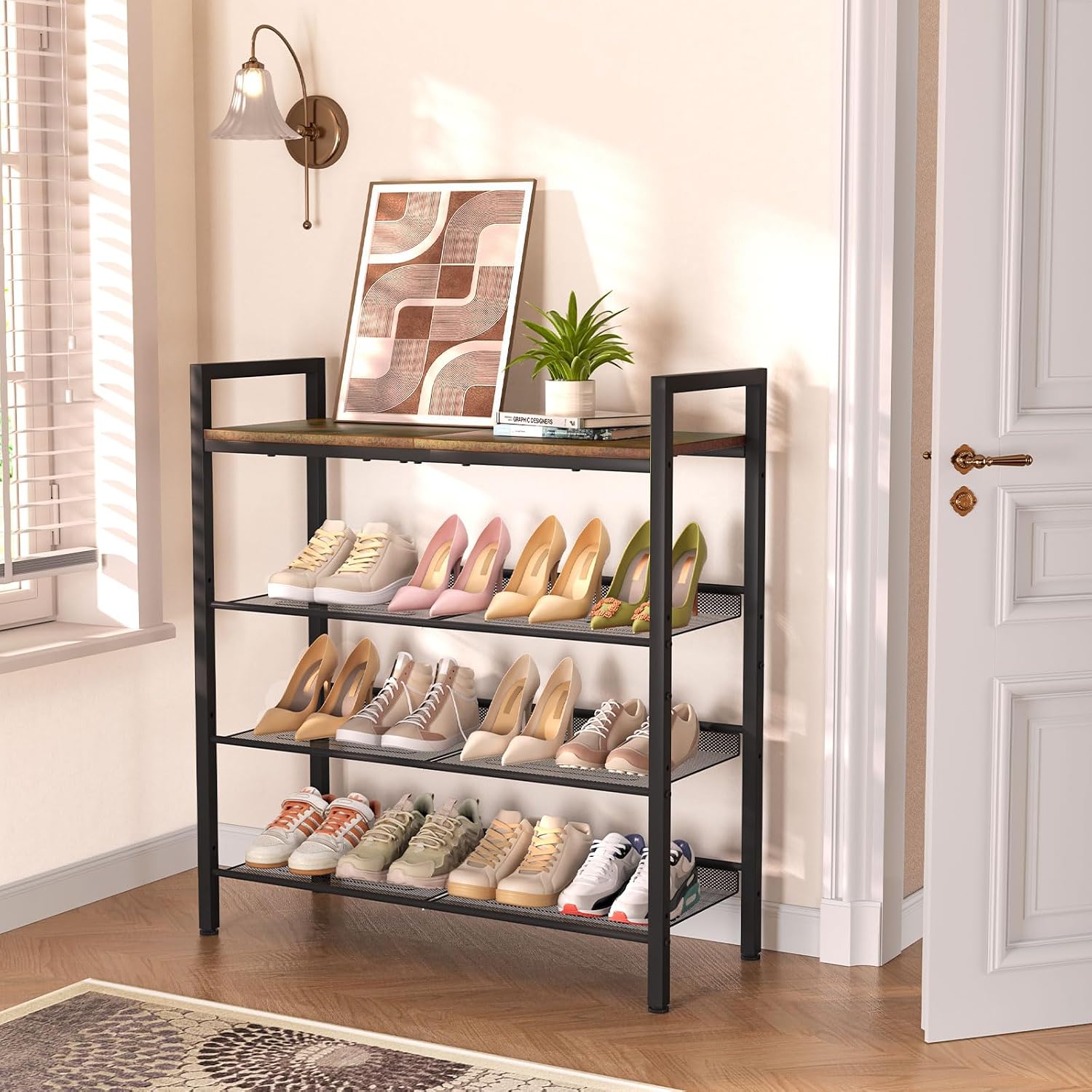 Rustic Brown 4-Tier Mesh Shoe Rack