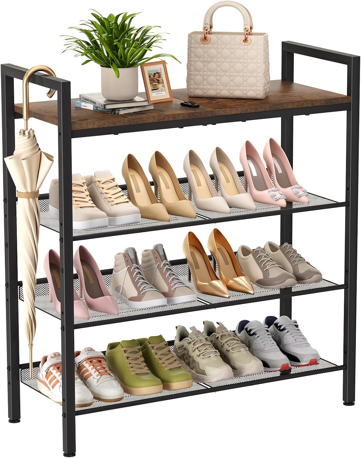 Rustic Brown 4-Tier Mesh Shoe Rack
