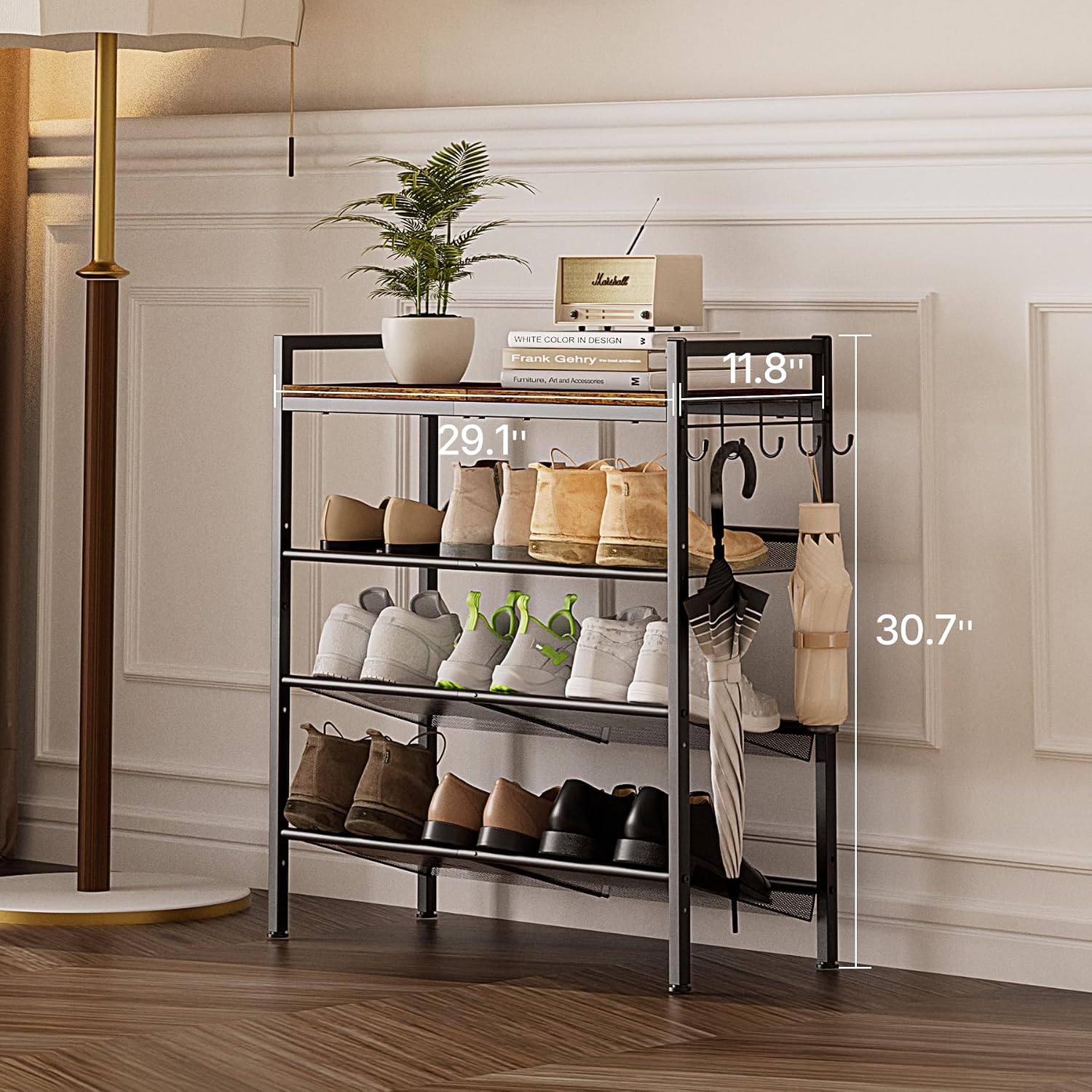 Rustic Brown 4-Tier Shoe Rack with Side Hooks