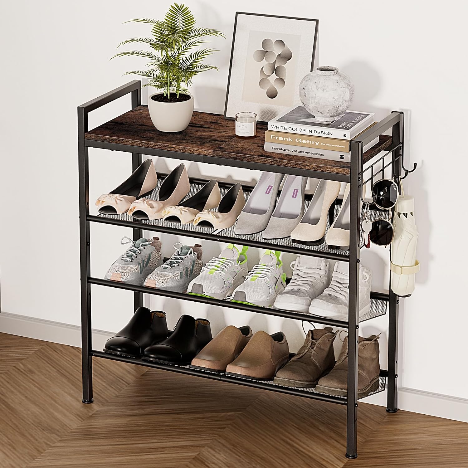 Rustic Brown 4-Tier Shoe Rack with Side Hooks