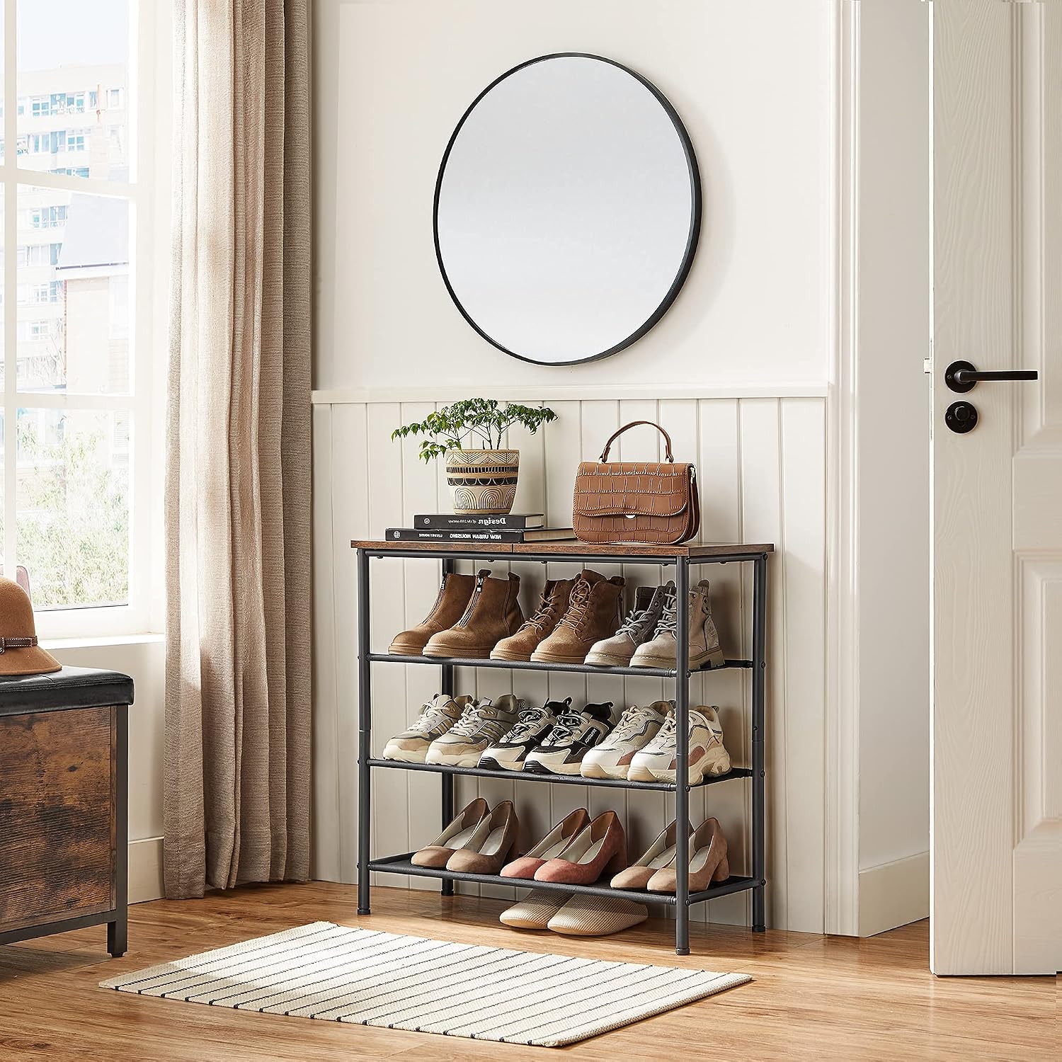 Rustic Brown 4-Tier Steel Frame Shoe Rack