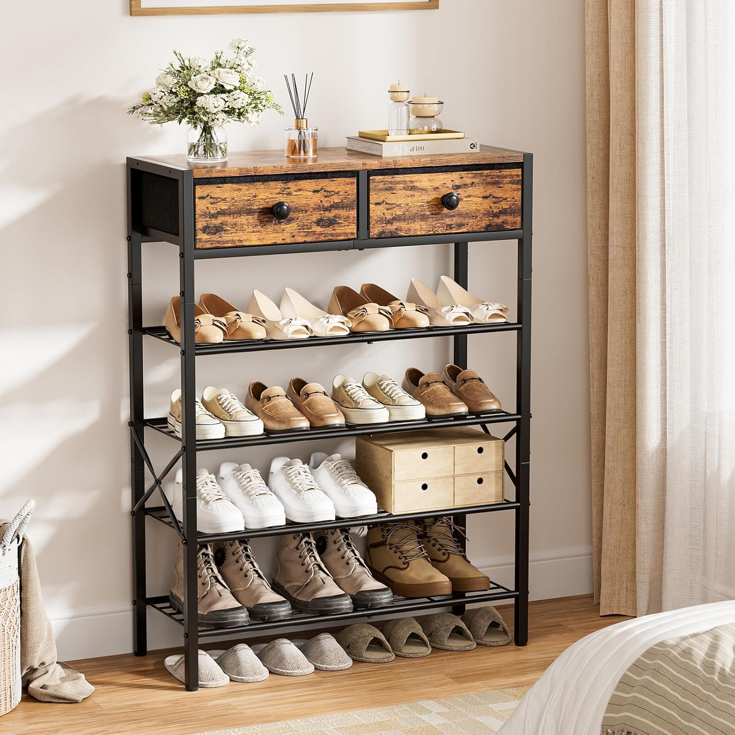 Rustic Brown 5-Tier Shoe Rack with Drawers
