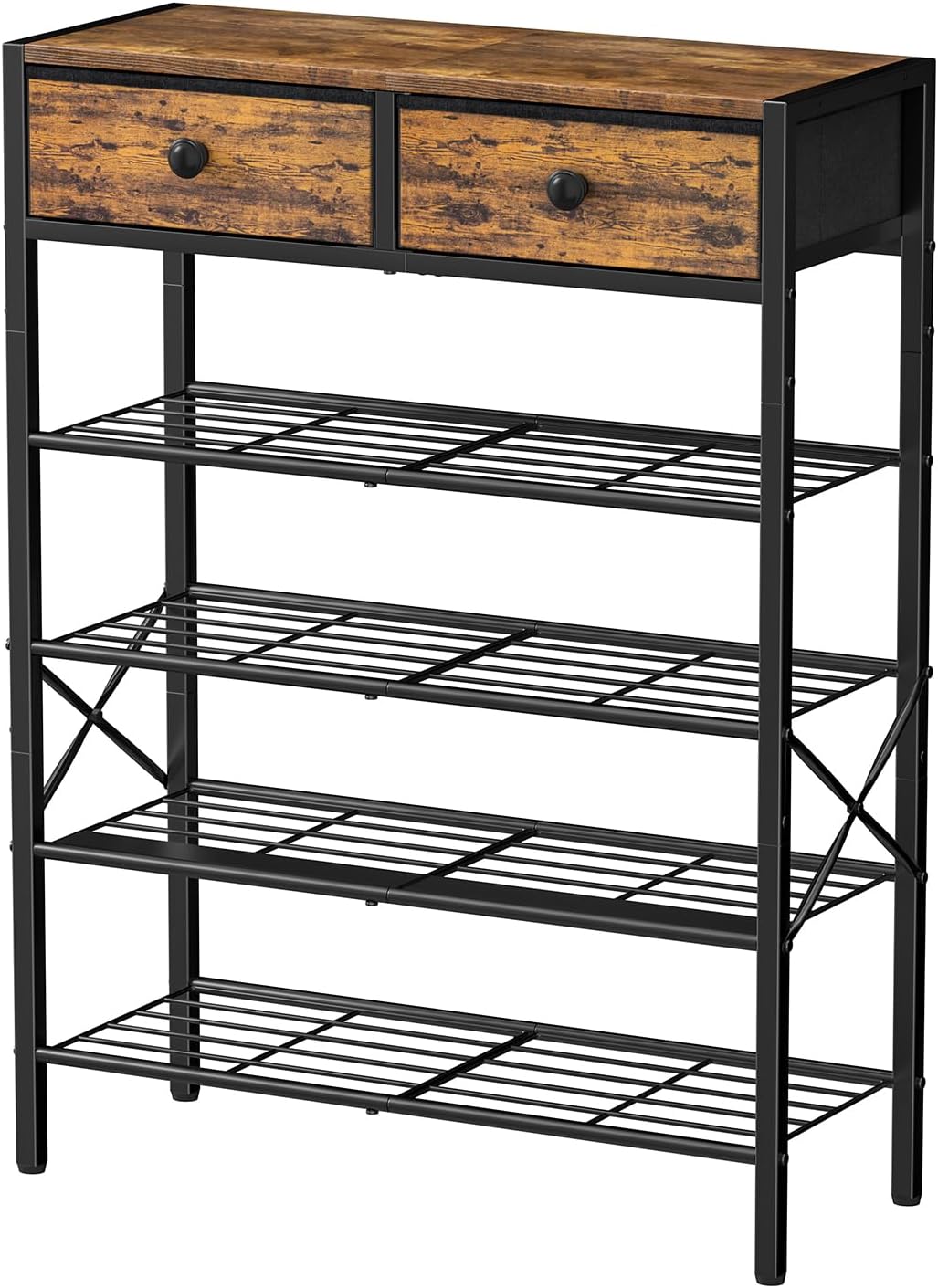 Rustic Brown 5-Tier Shoe Rack with Drawers