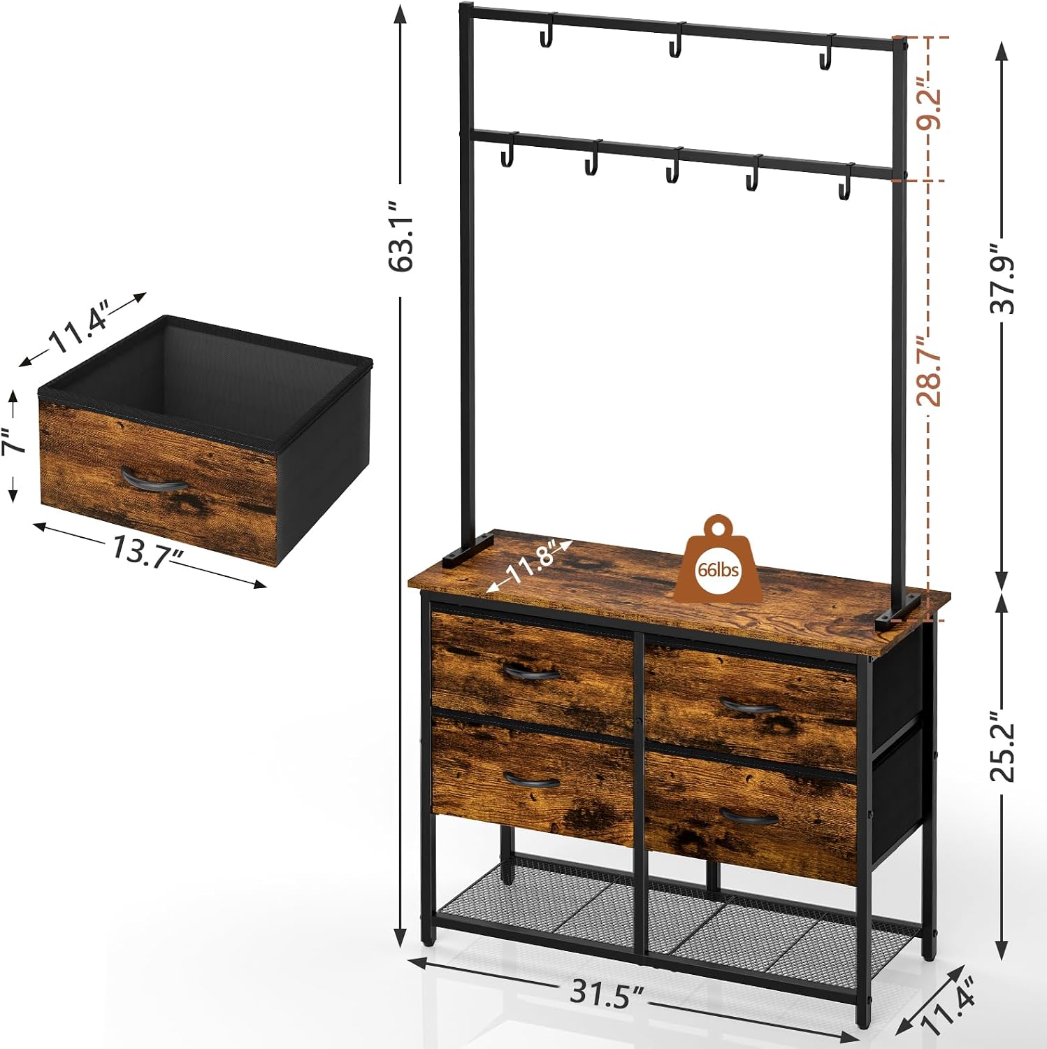 Rustic Brown Hall Tree Drawers