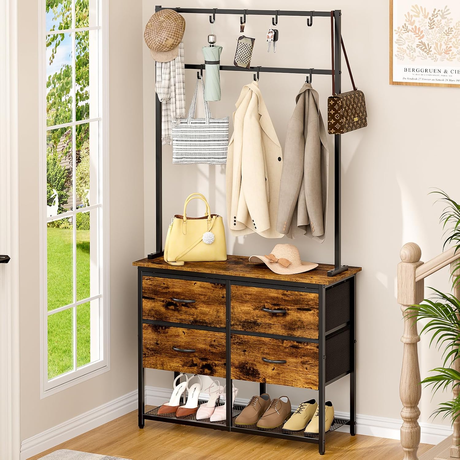 Rustic Brown Hall Tree Drawers