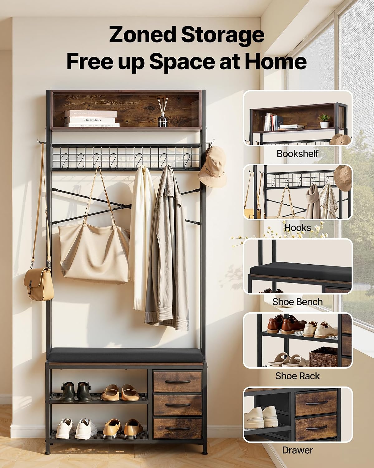 Rustic Brown Hall Tree Storage