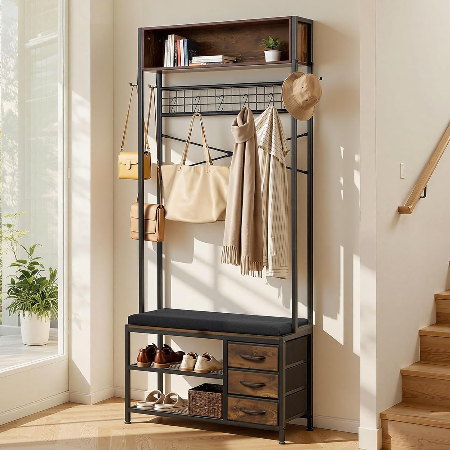 Rustic Brown Hall Tree Storage