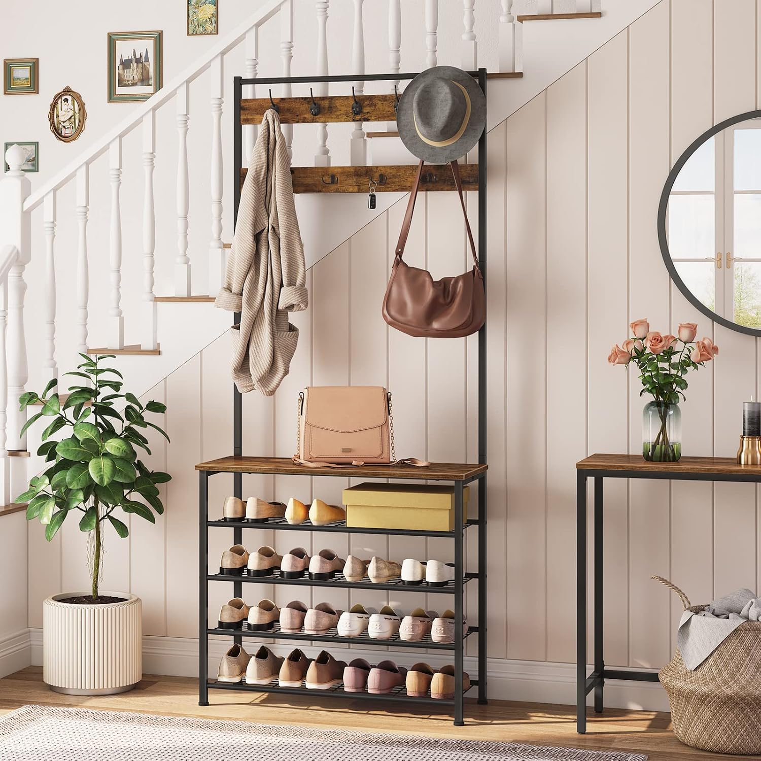 Rustic Brown Hall Tree with 9 Hooks and Shoe Bench
