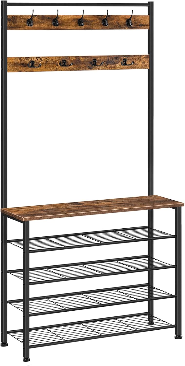 Rustic Brown Hall Tree with 9 Hooks and Shoe Bench
