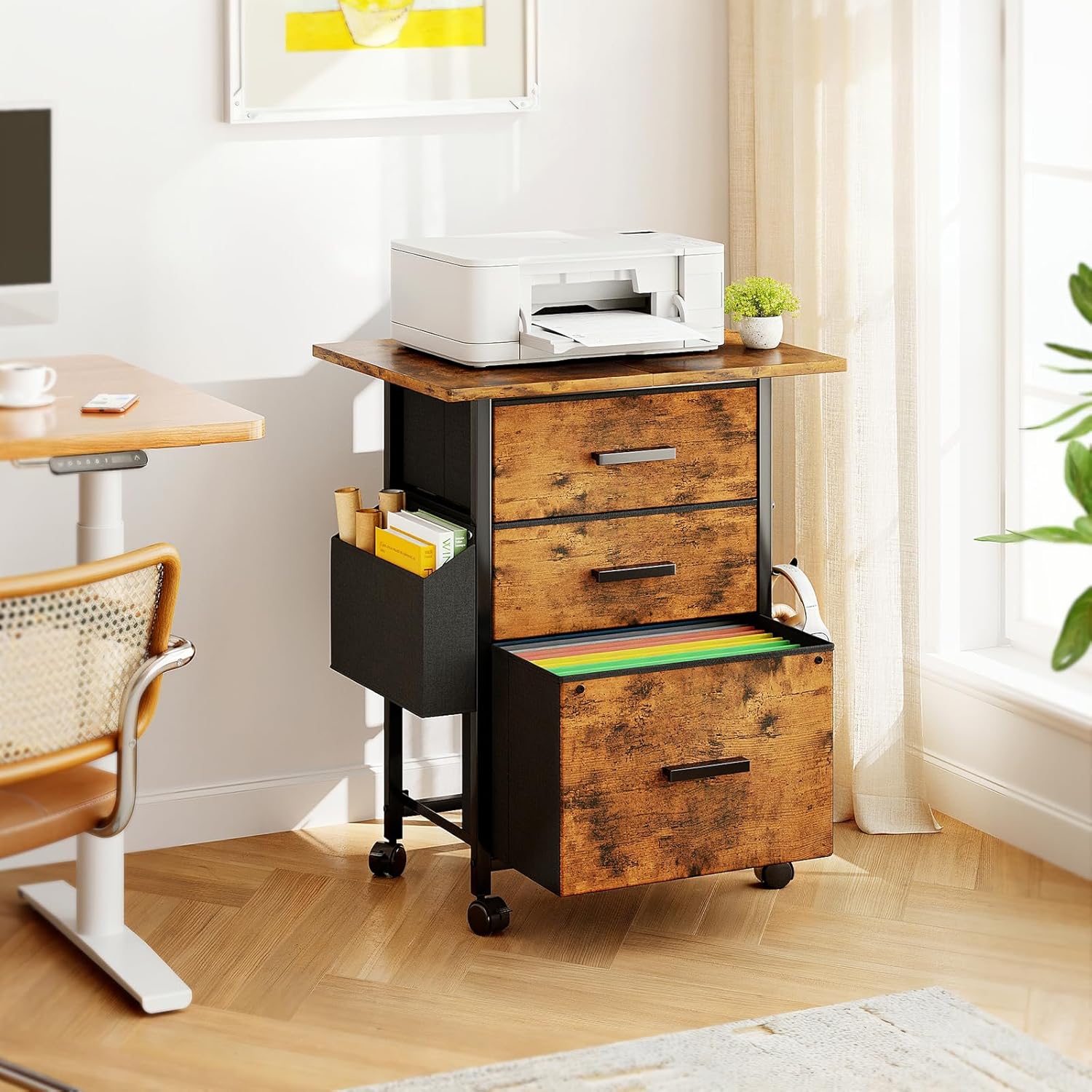 Rustic Brown Mobile Filing Cabinet with Desktop