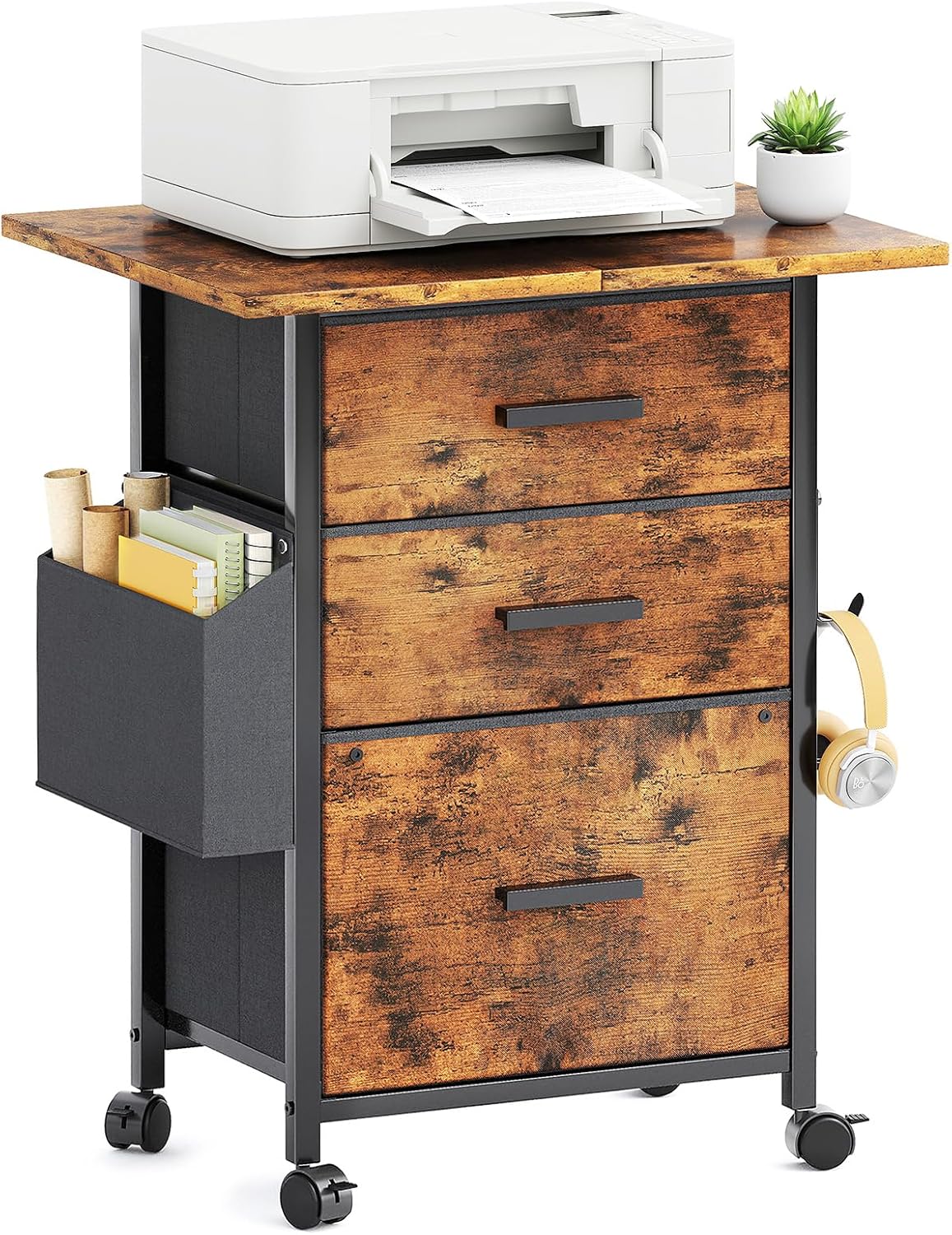 Rustic Brown Mobile Filing Cabinet with Desktop