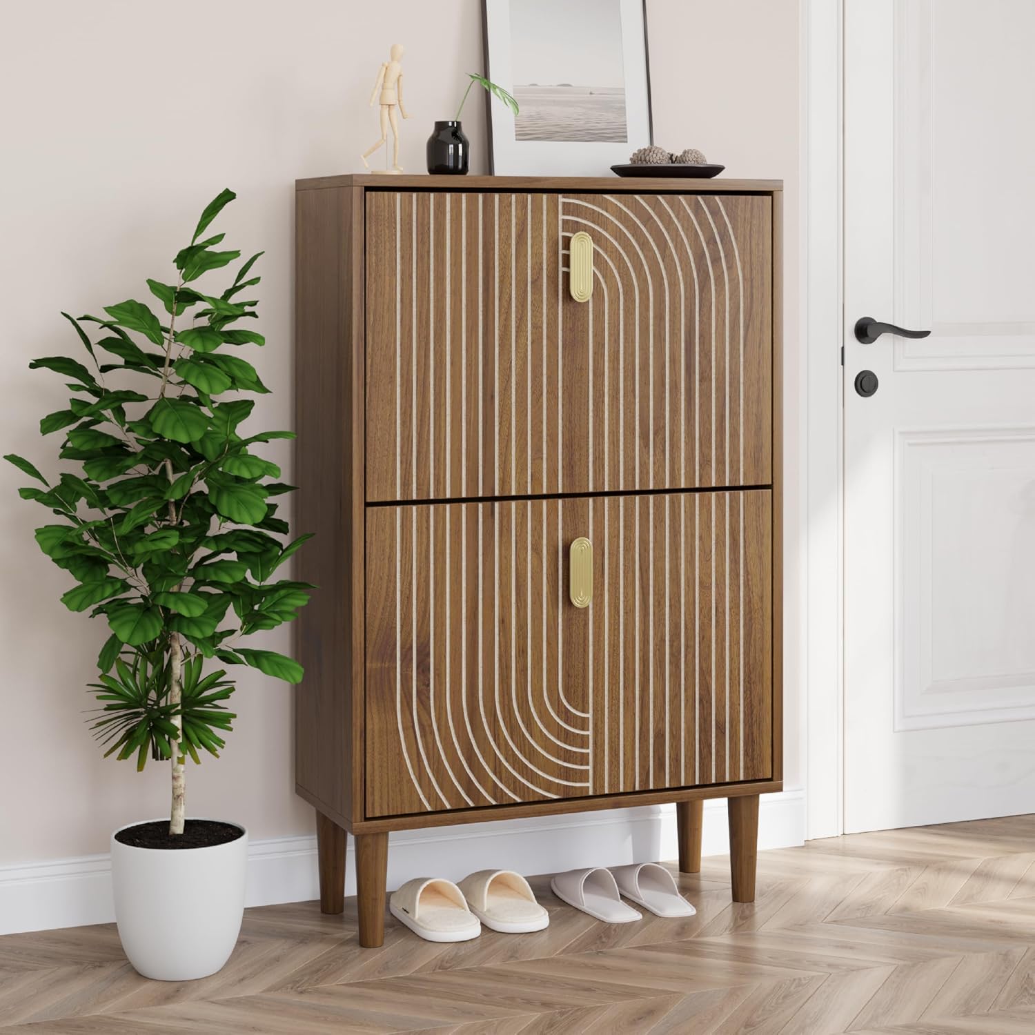 Walnut 2-Drawer Grooved Shoe Cabinet