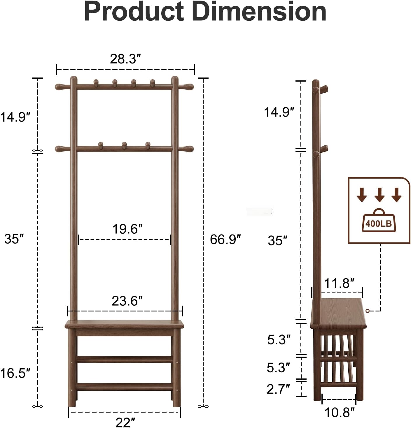 Walnut Finish Hall Tree with Bench and Shelves
