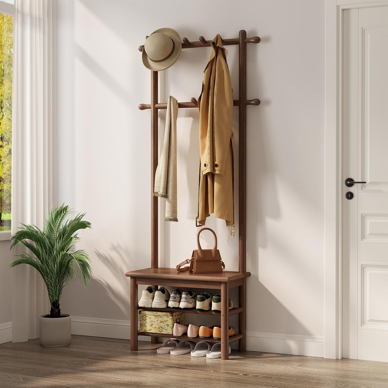 Walnut Finish Hall Tree with Bench and Shelves