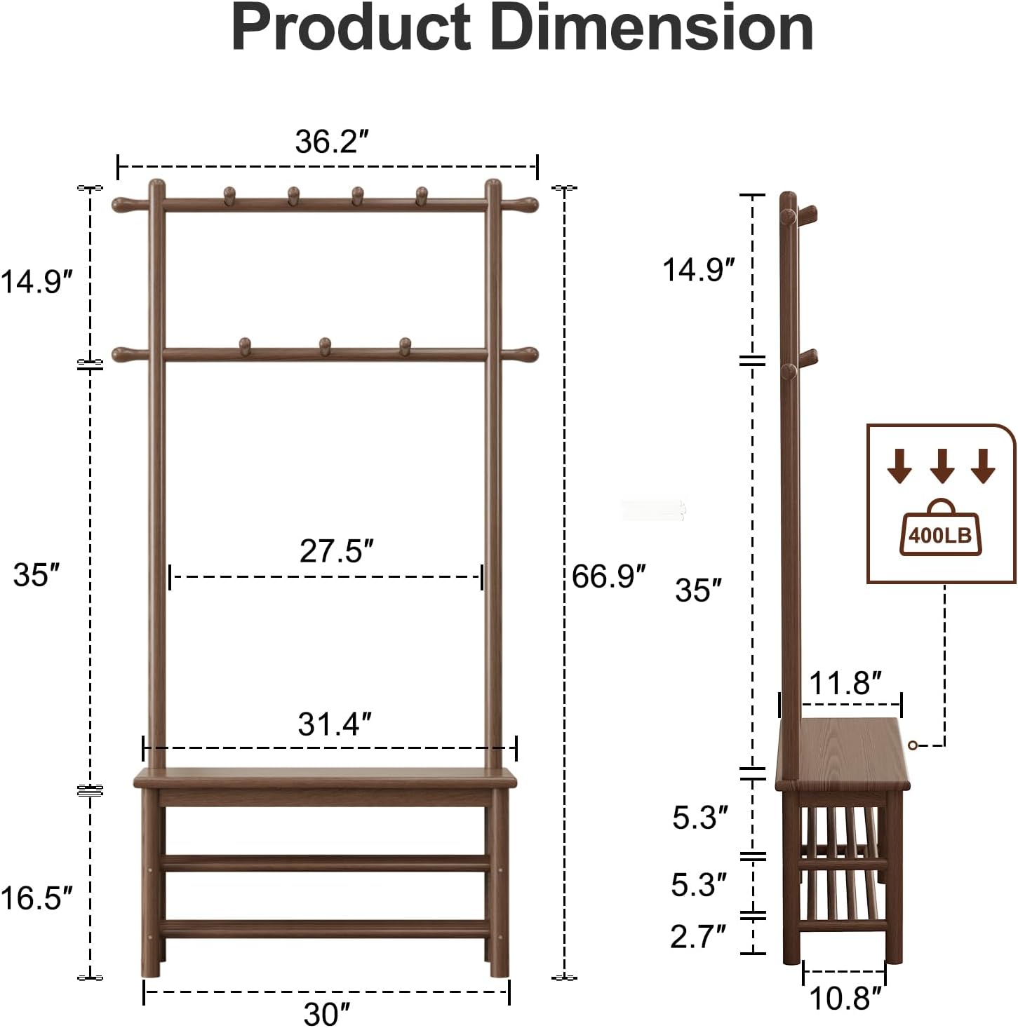 Walnut Finish Wooden Hall Tree with Bench