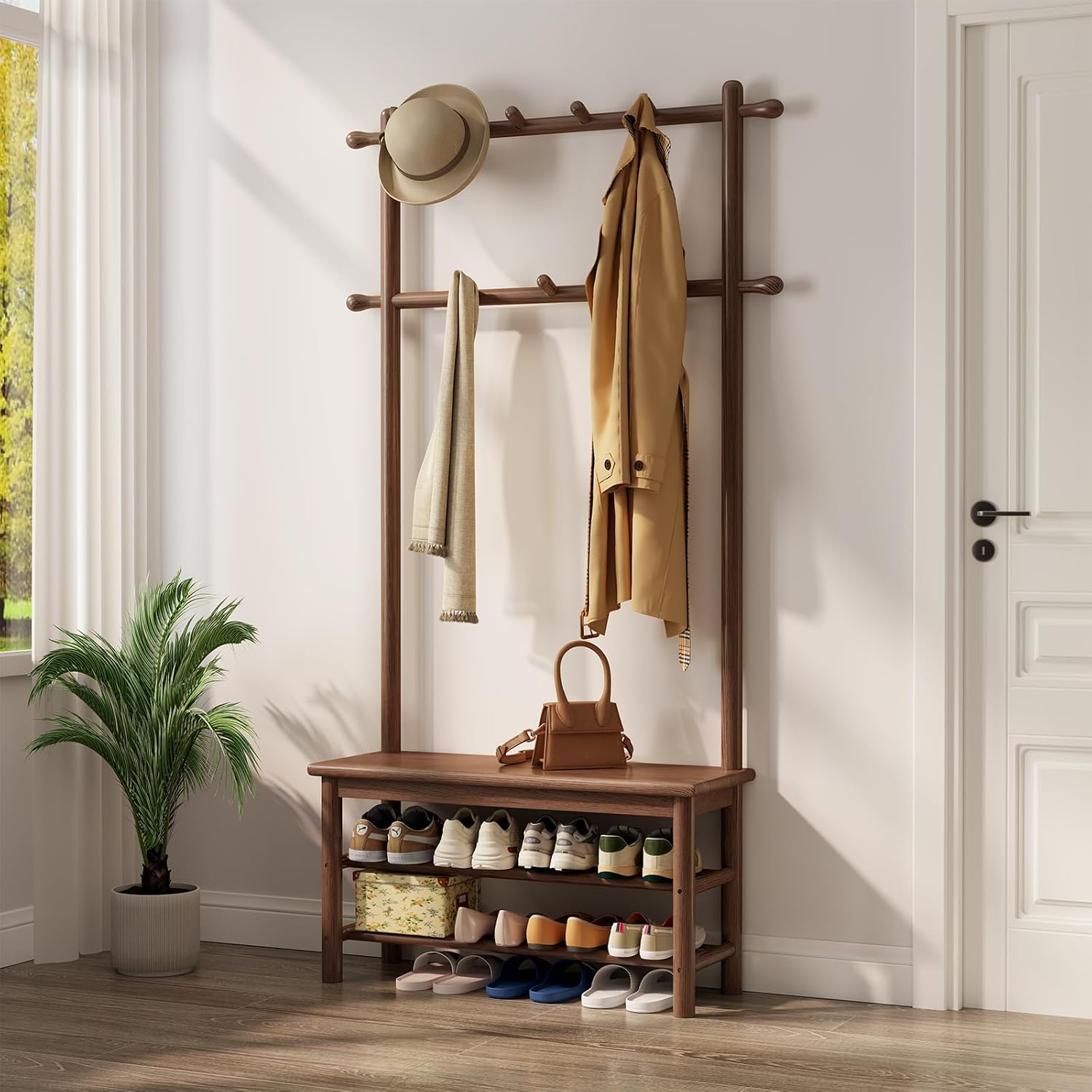Walnut Finish Wooden Hall Tree with Bench