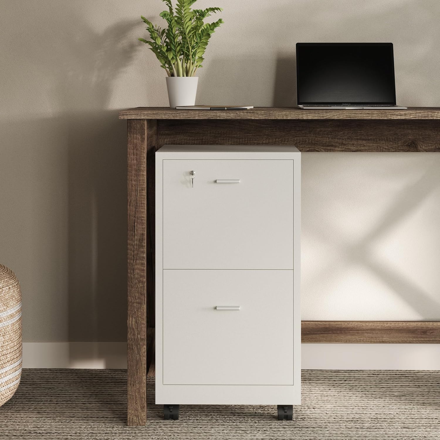 White 2-Drawer Mobile File Cabinet with Lock