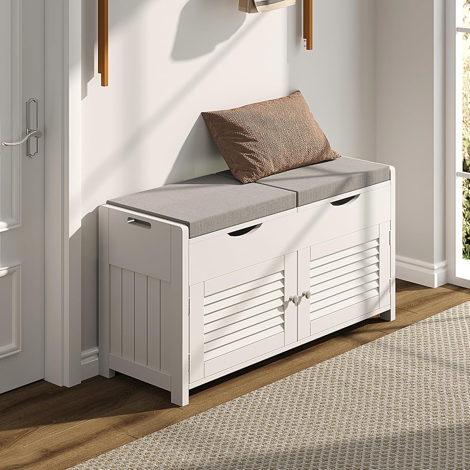 White Entryway Shoe Bench with Lift-Top Storage