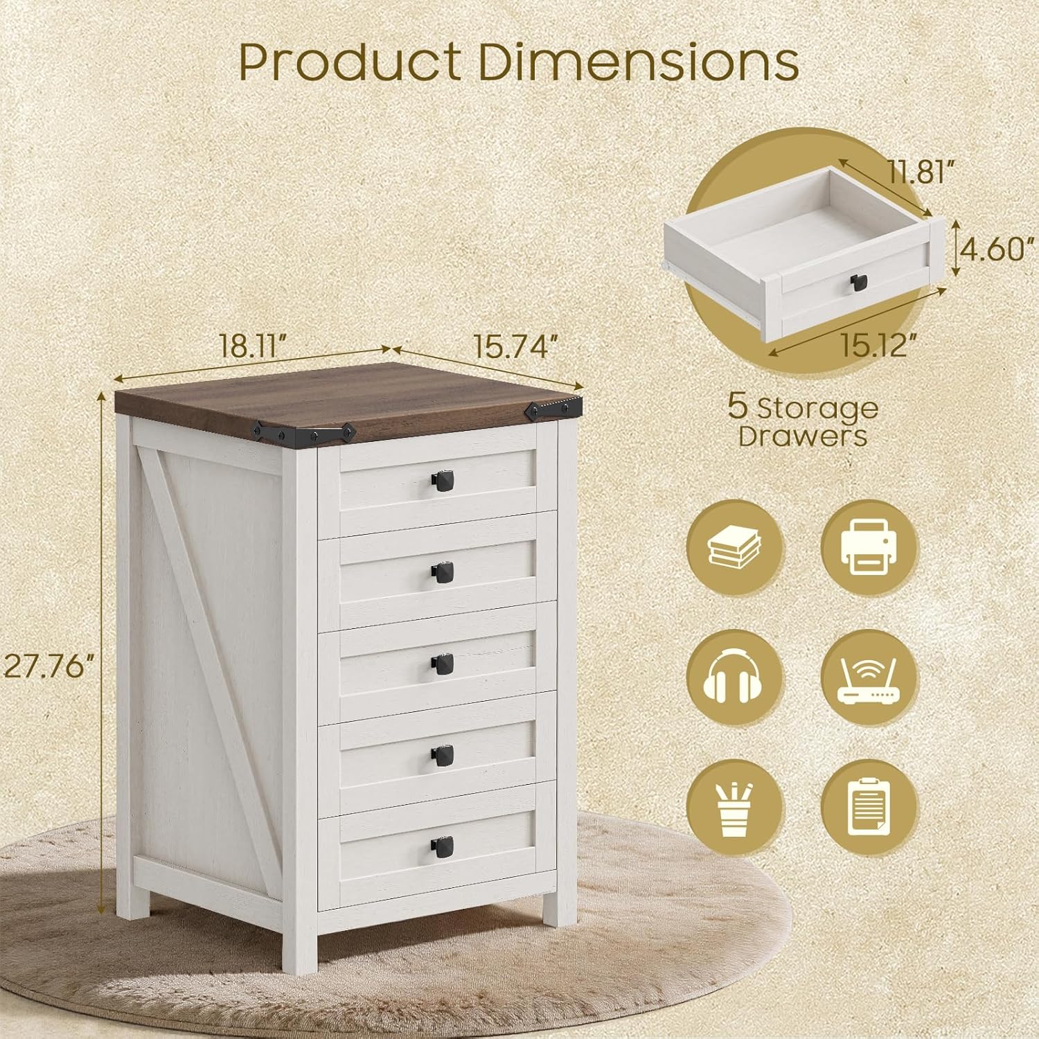 White Farmhouse 5-drawer Cabinet