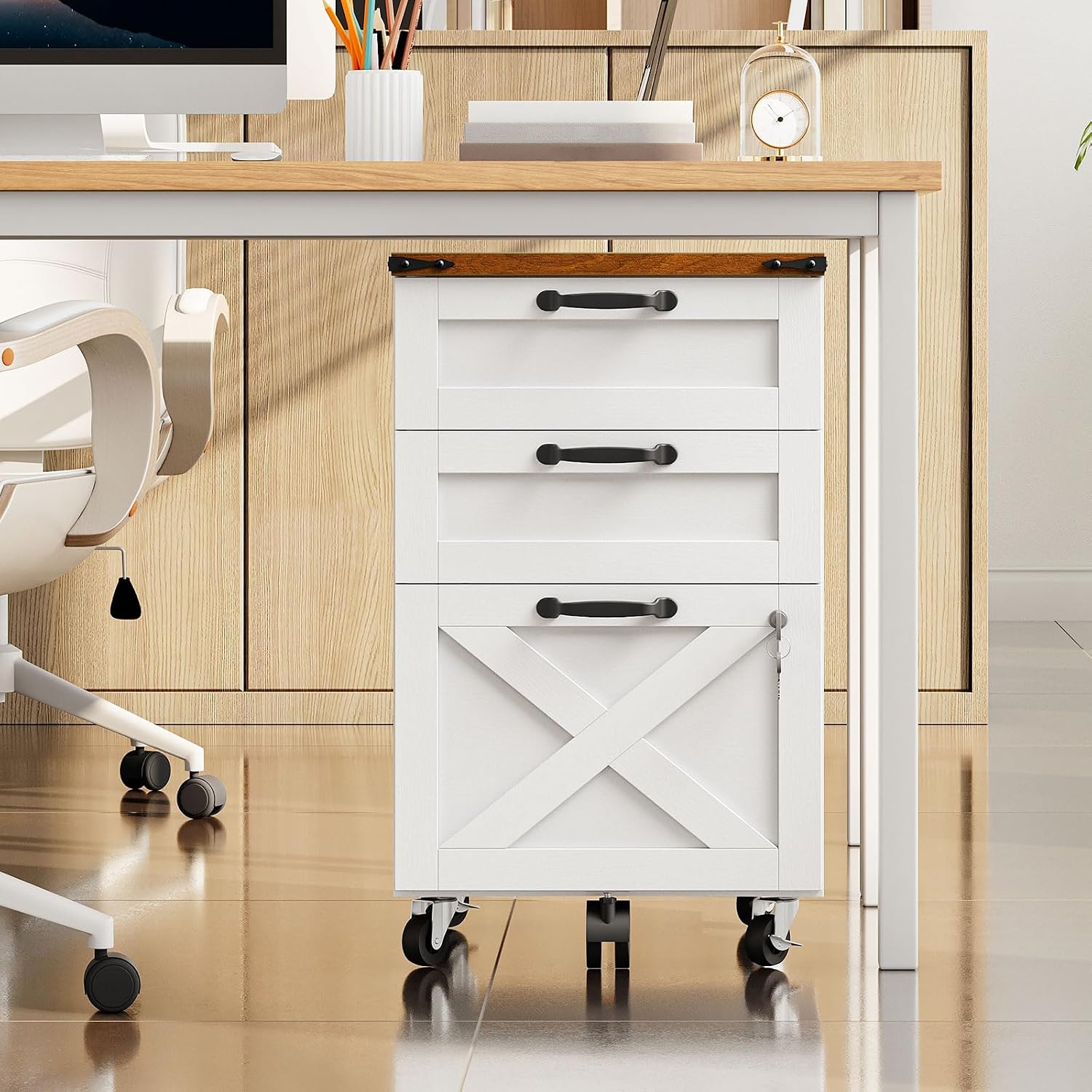 White Farmhouse Mobile Filing Cabinet with Lock