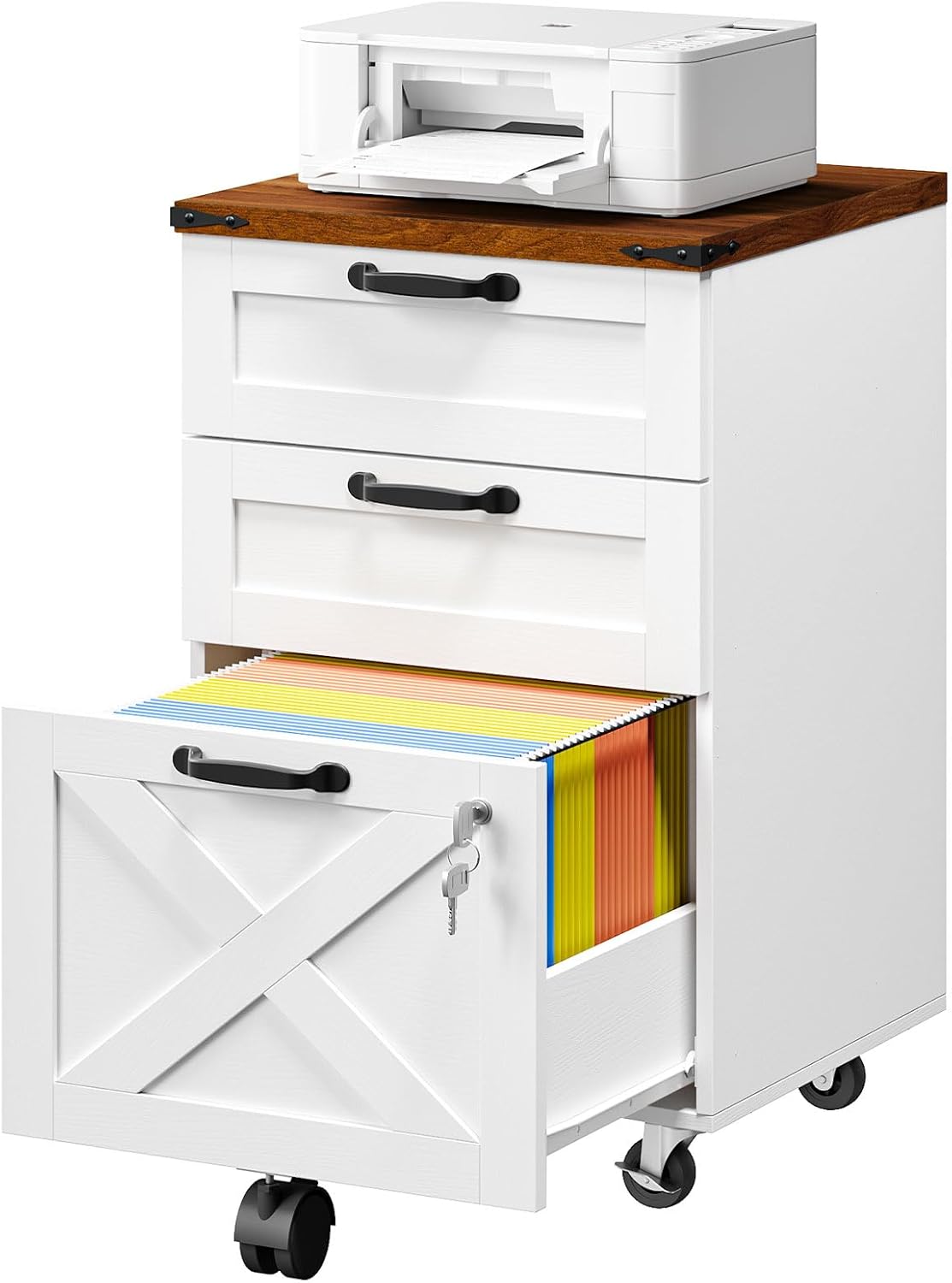 White Farmhouse Mobile Filing Cabinet with Lock